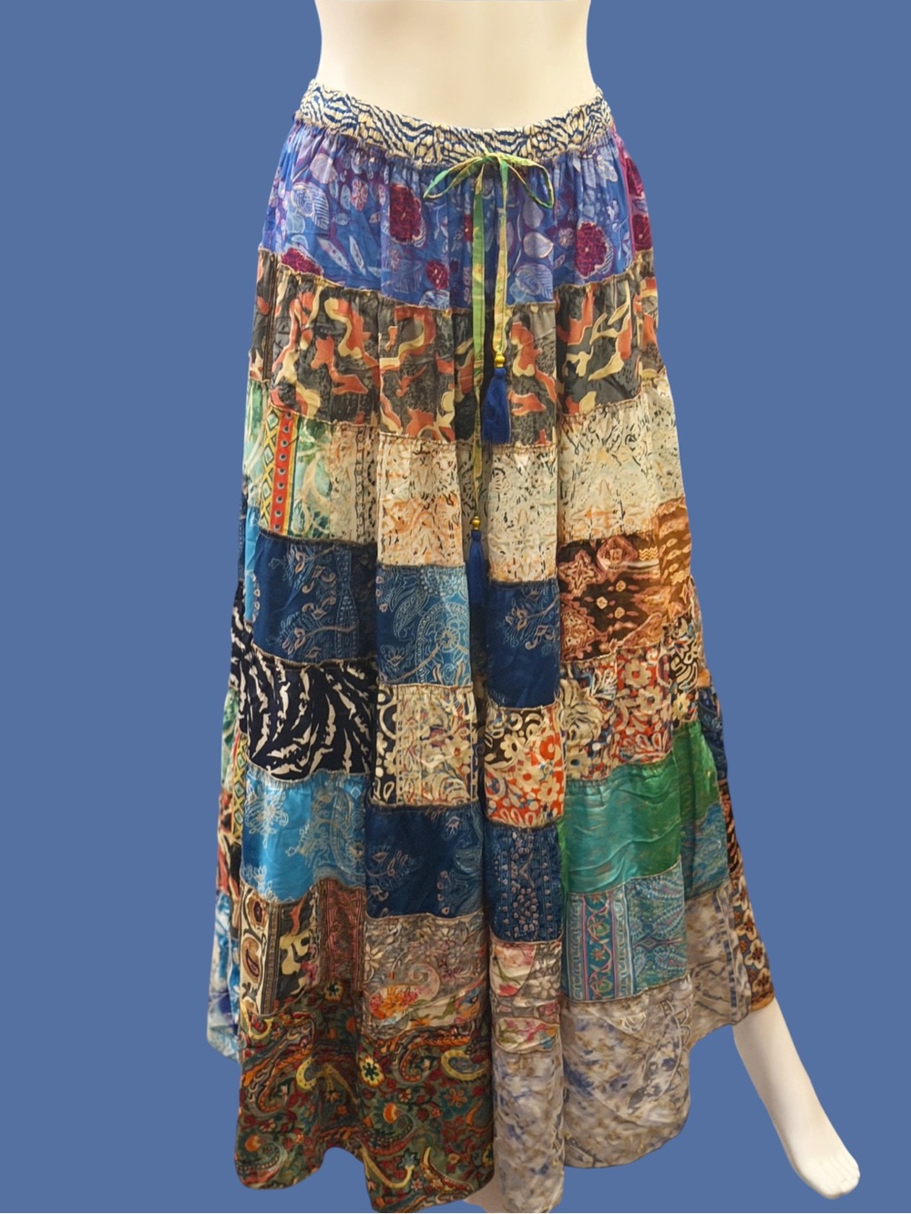 NWT White Waves 100% Artisan Silk Patchwork Maxi Skirt Boho Gypsy One Size